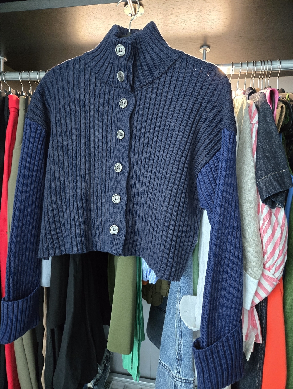 Zara Navy Ribbed Button-Up Cropped Turtleneck Sweater